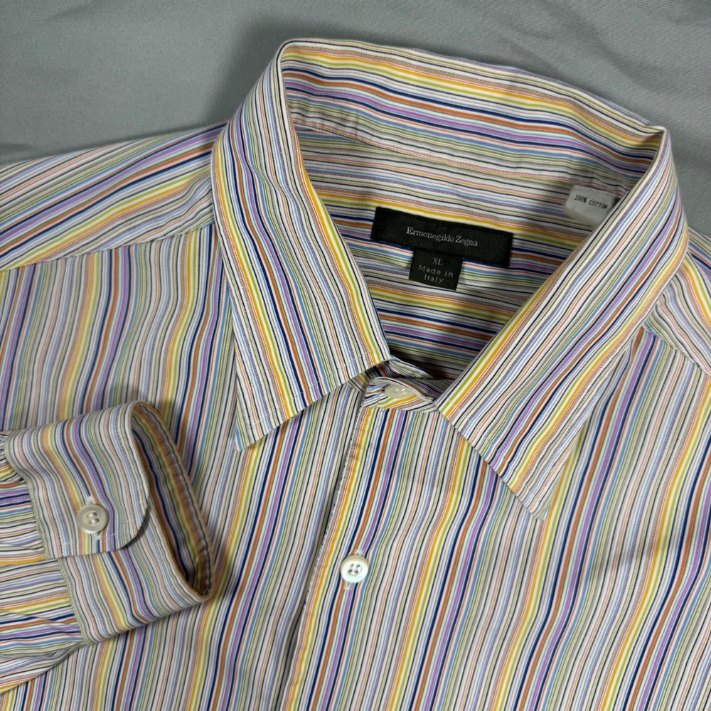 Ermenegildo Zegna Mens XL Multicolor Striped Cotton Button Down Shirt Italian